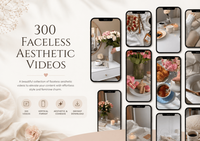 300 faceless aesthetic video’s mock-up met stijlvolle lifestyle beelden op meerdere telefoons.