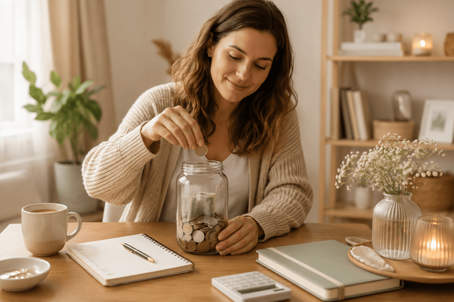 Vrouw legt geld apart in een spaarpot als symbool voor beginnen met sparen, ook met een klein budget.