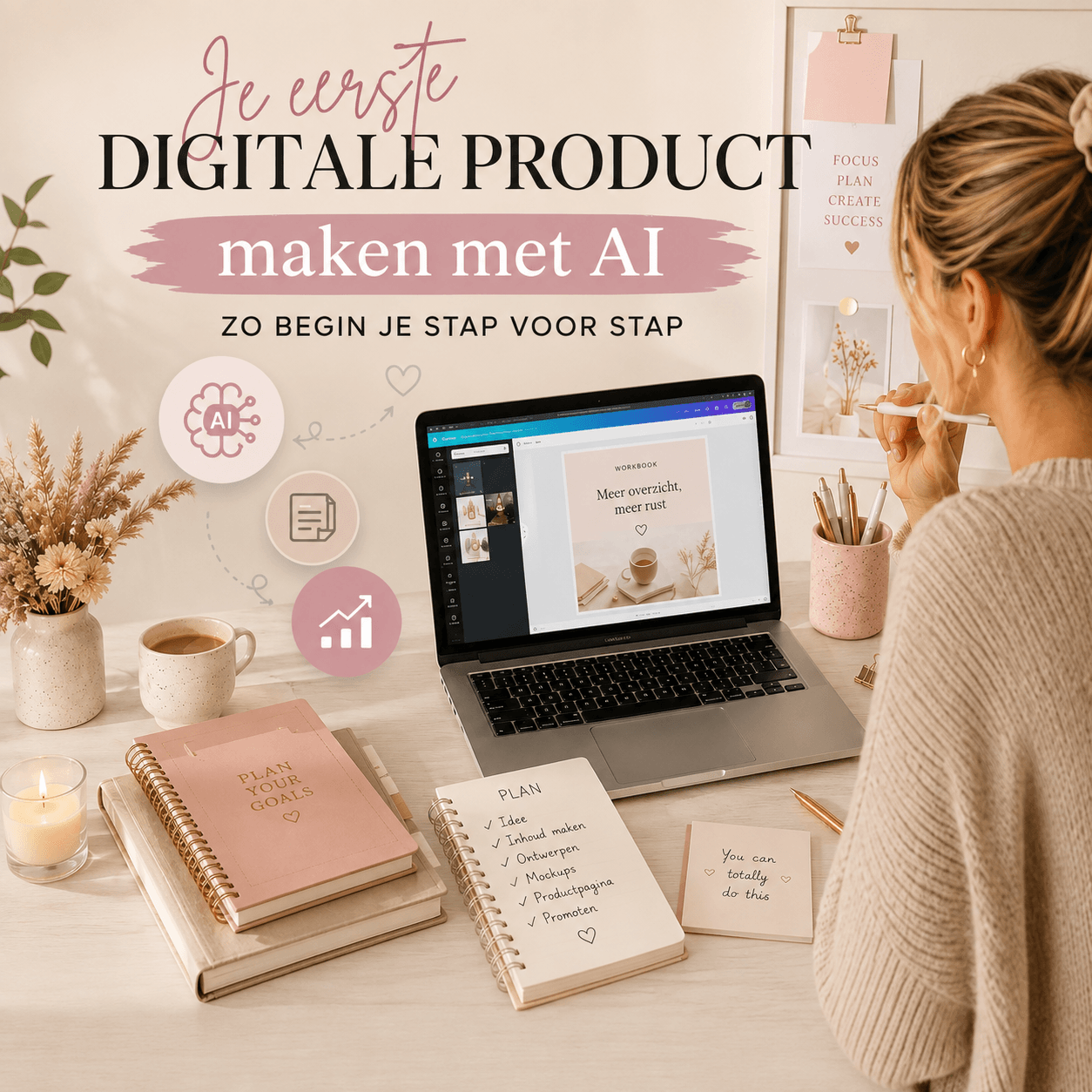 Je eerste digitale product maken met AI met laptop, Canva en stappenplan