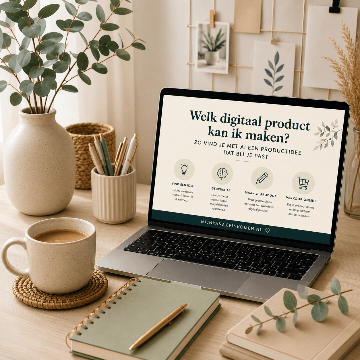 Laptop met ideeën voor het maken van een digitaal product met AI, zoals een printable, e-book, planner of template.